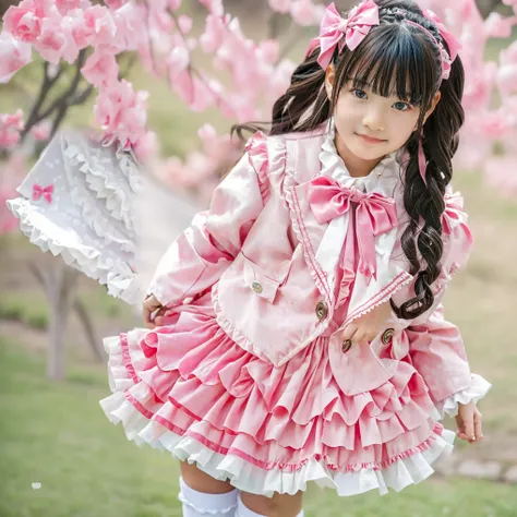 (8k,  Highest Quality, masterpiece,full body:1.2),   super high resolution,  complicated details,  1 Girl,  10 years old,beautiful faces, long hair, Pink school uniform decorated with ruffles and ribbons ,As cute as an idol costume,blazer after face,ribbon...