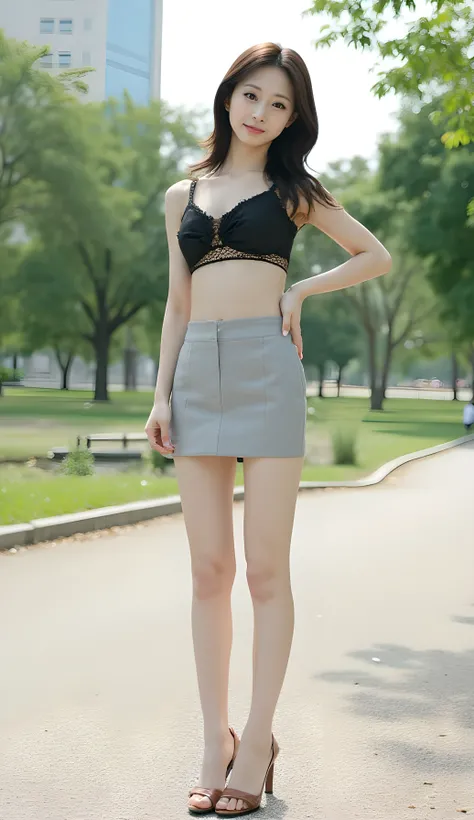 8k, highest resolution, (I'm shooting in an empty park:1.4), standing, (full body image of a Japanese woman:1.3), (beautiful性的なビジネススーツを着ている:1.3), beautiful、very short skirt, I'm wearing brown ankle strap pumps, Smile Yan, Japanese woman with beautiful face...