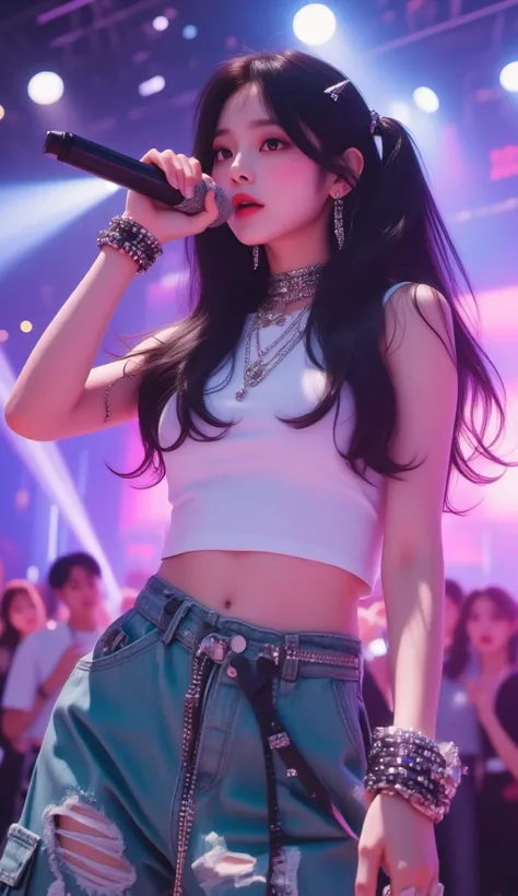 Masterpiece, Best Quality, Ultra Detailed, jiyeon_oc:1.2, Photorealistic, 8K, cinematic lighting,
A dynamic dutch angle shot of a beautiful Korean female hip-hop artist, stage name 'JIYEON', performing live on a music show stage.
She is holding a microphon...