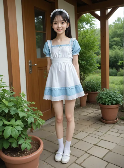 (1 cute young girl)、maids,Look at the audience,(skinny:1.5),(younger:1.5),(toddler wearing top_body:1.5),(braids:0.3),(Bang Hair:0.3),(twin tails:0.3),(ponytail:0.3),(long hair:0.3),(big boobs:0.92),に付けたblack lace stockings,slouches forward,japanese,(smile...