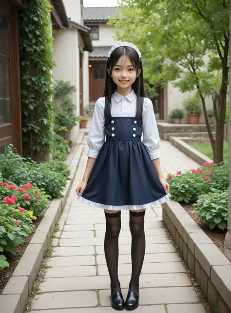 (1 cute young girl)、maids,Look at the audience,(skinny:1.5),(younger:1.5),(toddler wearing top_body:1.5),(braids:0.3),(Bang Hair:0.3),(twin tails:0.3),(ponytail:0.3),(long hair:0.3),(big boobs:0.92),に付けたblack lace stockings,slouches forward,japanese,(smile...
