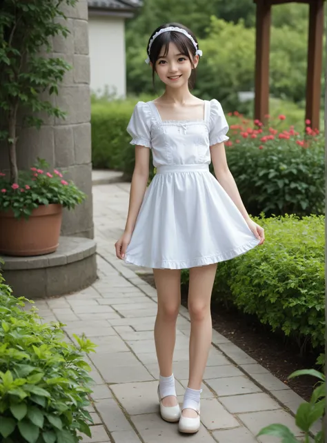 (1 cute young girl)、maids,Look at the audience,(skinny:1.5),(younger:1.5),(toddler wearing top_body:1.5),(braids:0.3),(Bang Hair:0.3),(twin tails:0.3),(ponytail:0.3),(long hair:0.3),(big boobs:0.92),に付けたblack lace stockings,slouches forward,japanese,(smile...