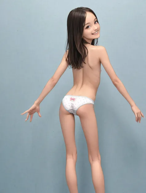 ショーツを着たyounger女の子が足を広げてポーズをとり、 Smiling at the viewer, from behind,(skinny:0.7),(younger:1.5),(one girl:1.5)