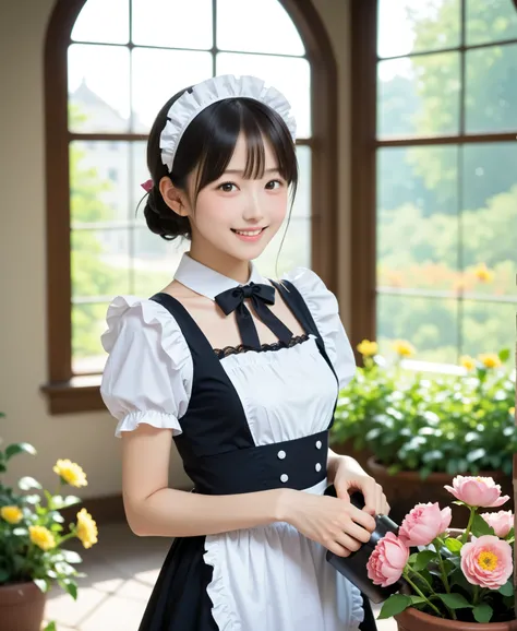 (1人のかわいいyounger日本人の女の子), maids, Watering flowers outside the mansion, black lace stockings, watching the viewer,(smile:0.58), (younger:0.95),(skinny:0.83),(big boobs:0.78),The girl looks at me and smiles faintly,From the side
