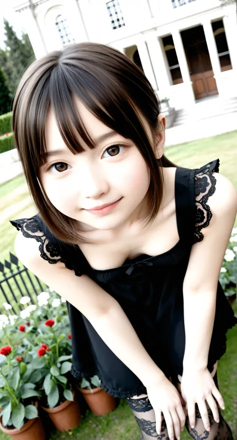 (Biological Corpse Factory)、maids,Look at the audience,(skinny:0.79),(younger:0.82),from above,(medium chest:0.60),に付けたblack lace stockings,slouches forward,japanese,(Smile Yang:0.47),black lace stockings