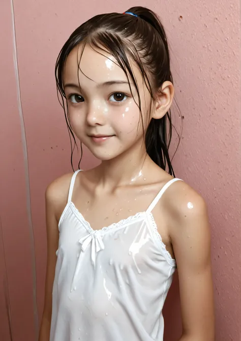 elementary school student、reality、cute、camisole、ponytail、wet eyes、(Gentle smile:0.5),skinny,from above