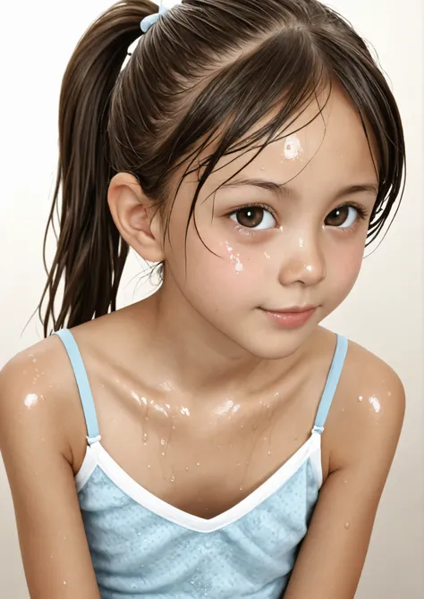elementary school student、reality、cute、camisole、ponytail、wet eyes、(Gentle smile:0.5),skinny,from above