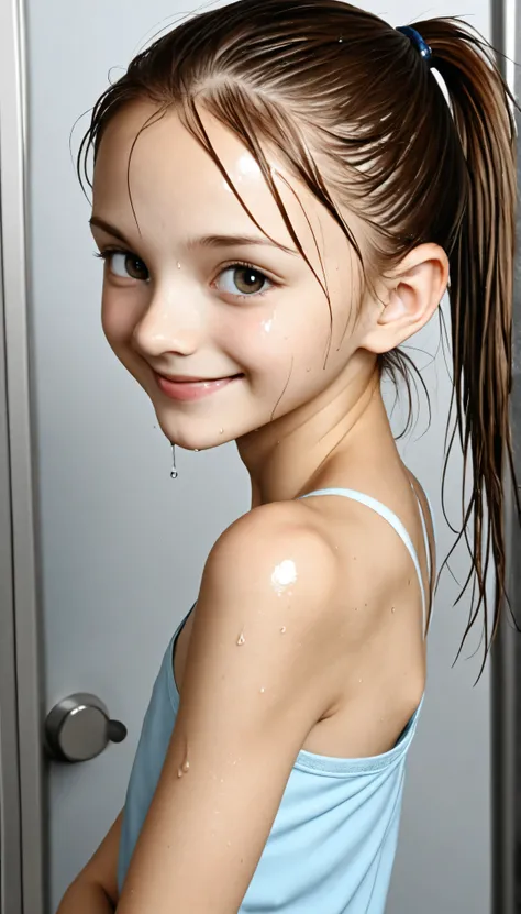 elementary school student、reality、cute、camisole、ponytail、wet eyes、(Gentle smile:1.2),(skinny:1.4),from above