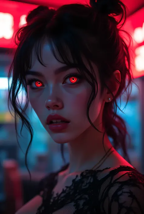 woman with red colored contact lenses、She's Beautiful Yet Mysterious、It has an irredeemable charm、gas station