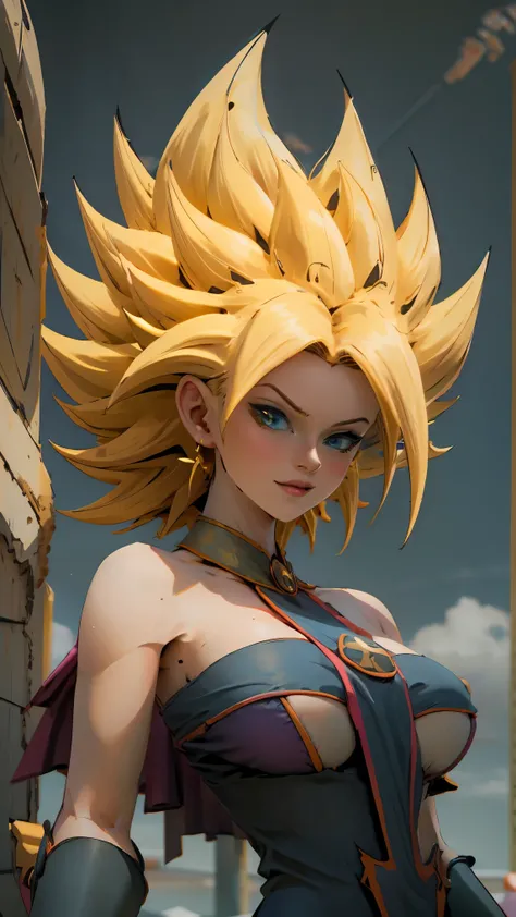 Beautiful big breasts darck magician girl cosplay as goku in super saiya state, with power on her hand ready to shoot kamehameha, realistic photography, look at the viewer 