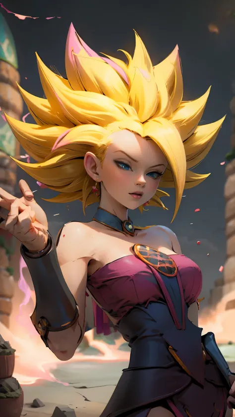 Darck magician girls is a super Saiyan. She has blonde hair and light. She expels chi or neon pink energy. Darck magician girls is a super Sayayin. Cinematic and sensual pose.