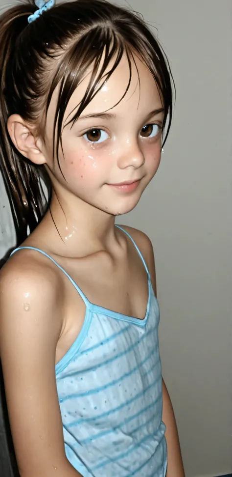 elementary school student、reality、cute、camisole、ponytail、wet eyes、(Gentle smile:0.5),skinny,from above