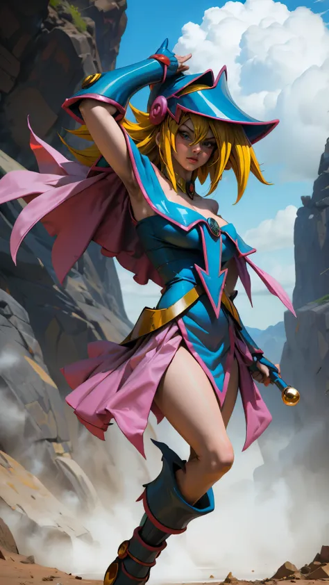 Beautiful big breasts darck magician girl cosplay as goku in super saiya state, with power on her hand ready to shoot kamehameha, realistic photography, look at the viewer