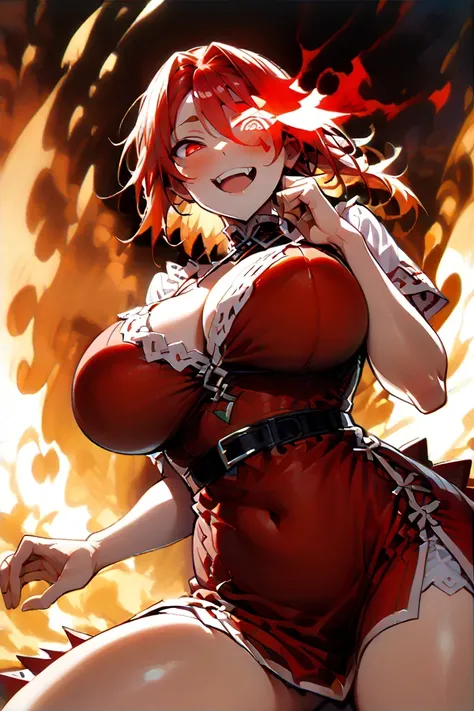 score_9_up,score_8_up,score_7_up,score_6_up,score_5_up,score_4_up,(((1 girl))),(((solo))),(((dragon girl))),(pekomama),(milf), thick eyebrows, droopy eyes,red eyes,(((red flaming eye:1.5))),(((red eye trail:1.5))),(mature female),(((open eyes))),big breast...