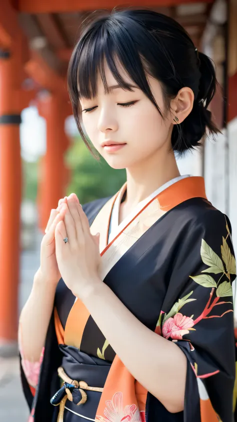 (Close up portrait of two side up black medium hair with bangs in a beautiful colorful kimono:1.5)、(One lady praying with her eyes closed and palms together at a shrine in Japan:1.5)、(A shrine in Japan with a winter sky:1.5)、(8k ultra detailed master piece...