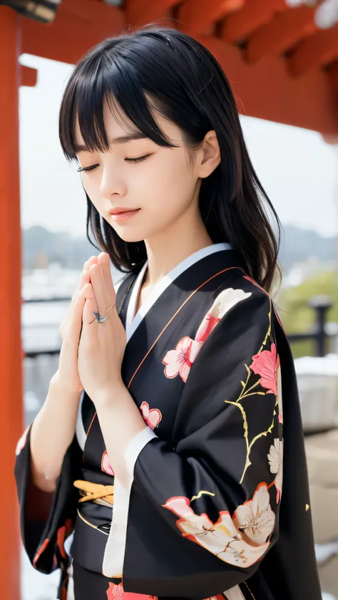(Close up portrait of two side up black medium hair with bangs in a beautiful colorful floral pattern kimono:1.5)、(One lady praying with her eyes closed and palms together at a shrine in Japan:1.5)、(A shrine in Japan with a winter sky:1.5)、(8k ultra detail...