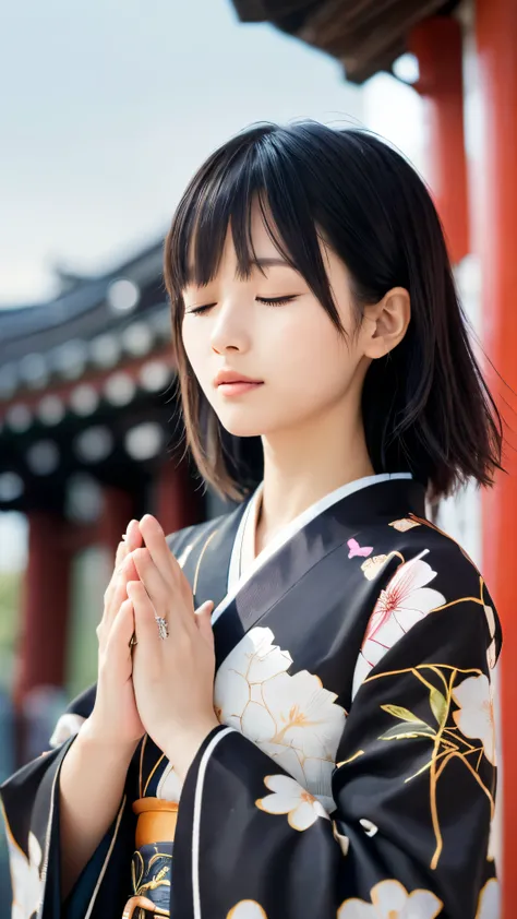 (Close up portrait of two side up black medium hair with bangs in a beautiful colorful floral pattern kimono:1.5)、(One lady praying with her eyes closed and palms together at a shrine in Japan:1.5)、(A shrine in Japan with a winter sky:1.5)、(8k ultra detail...