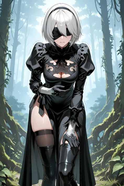 nier2Bdef, 1girl, solo, white hair, black hairband, short hair, black blindfold, black dress, thigh slit, black gloves, puffy sleeves, black thighhighs,Solo, general, masterpiece, highres, ultra-detailed, hyper-detailed, best quality,  amazing quality, ver...
