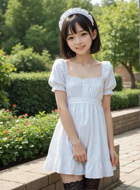 (1 cute young girl)、maids,Look at the audience,(skinny:1.5),(younger:1.5),(toddler wearing top_body:1.5),(braids:0.3),(Bang Hair:0.3),(twin tails:0.3),(ponytail:0.3),(long hair:0.3),(big boobs:0.92),に付けたblack lace stockings,slouches forward,japanese,(smile...