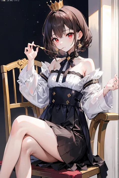 (((red eyes)))、(((Gold crown)))、night，A bewitching crimson eyed fairy with high quality red eyes and a sad expression、Sitting on a splendid chair in an abandoned castle、It looks like they are crossing their legs。luxurious crown，brown hair，shortcuts，unkempt...