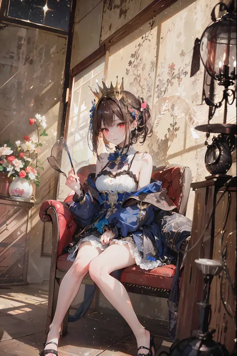 (((red eyes)))、(((Gold crown)))、year zero、night，A bewitching crimson eyed fairy with high quality red eyes and a sad expression、Sitting on a splendid chair in an abandoned castle、It looks like they are crossing their legs。luxurious crown，brown hair，shortcu...