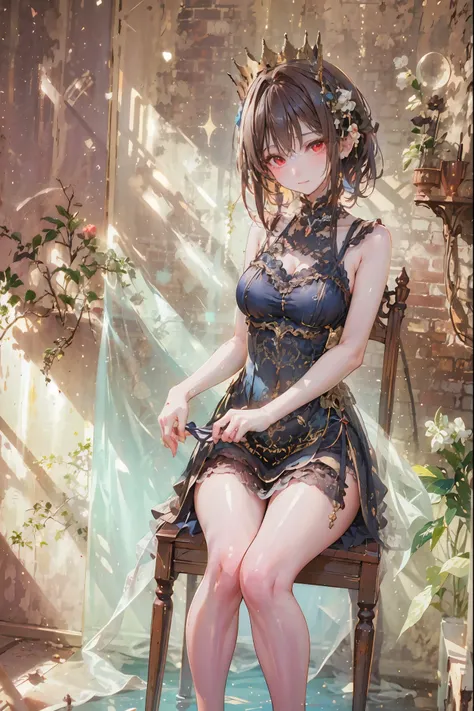 (((red eyes)))、(((Gold crown)))、year zero、night，The left eye lights up、A bewitching crimson eyed fairy with high quality red eyes and a sad expression、Sitting on a splendid chair in an abandoned castle、It looks like they are crossing their legs。luxurious c...