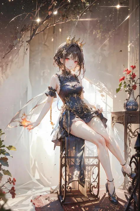 (((red eyes)))、(((Gold crown)))、year zero、night，The left eye lights up、A bewitching crimson eyed fairy with high quality red eyes and a sad expression、Sitting on a splendid chair in an abandoned castle、It looks like they are crossing their legs。luxurious c...