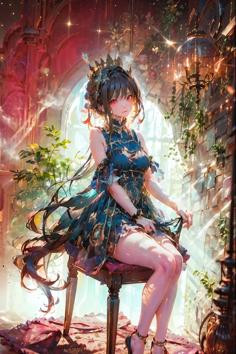 (((red eyes)))、(((Gold crown)))、year zero、night，The left eye lights up、A bewitching crimson eyed fairy with high quality red eyes and a sad expression、Sitting on a splendid chair in an abandoned castle、It looks like they are crossing their legs。luxurious c...