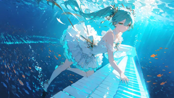 masterpiece, smooth shading, cinematic lighting, clear linework, sharp edges, detailed outlines, (high detail:1.1) ima_AI123Style /k.s†
Wide mid-shot, Hatsune Miku gracefully stepping on giant piano keys underwater in a dynamic side view with foreshortenin...