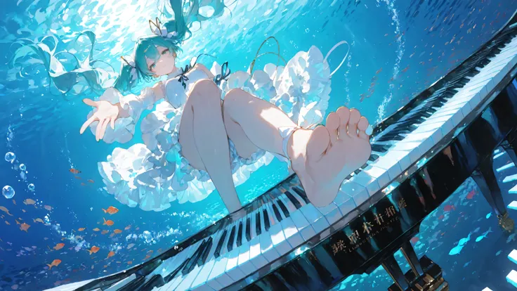 masterpiece, smooth shading, cinematic lighting, clear linework, sharp edges, detailed outlines, (high detail:1.1) ima_AI123Style /k.s†
Wide mid-shot, Hatsune Miku gracefully stepping on giant piano keys underwater in a dynamic side view with foreshortenin...
