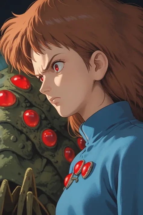 ghibli_style, three-quarter view, Nausicaa, woman, brown hair, soft straight hair, angry, blue tunic, ohmu with all many red eyes behind her