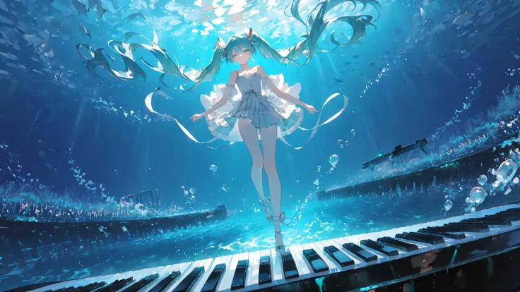 masterpiece, smooth shading, cinematic lighting, clear linework, sharp edges, detailed outlines, (high detail:1.1) ima_AI123Style /k.s†
Wide mid-shot, Hatsune Miku gracefully stepping on giant piano keys underwater in a dynamic side view with foreshortenin...