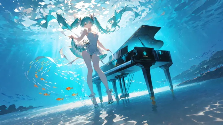 masterpiece, smooth shading, cinematic lighting, clear linework, sharp edges, detailed outlines, (high detail:1.1) ima_AI123Style /k.s†
Wide mid-shot, Hatsune Miku gracefully stepping on giant piano keys underwater in a dynamic side view with foreshortenin...