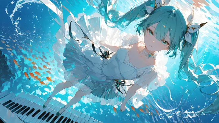 masterpiece, smooth shading, cinematic lighting, clear linework, sharp edges, detailed outlines, (high detail:1.1) ima_AI123Style /k.s†
Wide mid-shot, Hatsune Miku gracefully stepping on giant piano keys underwater in a dynamic side view with foreshortenin...
