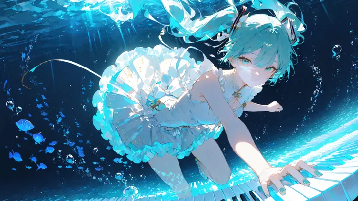 masterpiece, smooth shading, cinematic lighting, clear linework, sharp edges, detailed outlines, (high detail:1.1) ima_AI123Style /k.s†
Wide mid-shot, Hatsune Miku gracefully stepping on giant piano keys underwater in a dynamic side view with foreshortenin...
