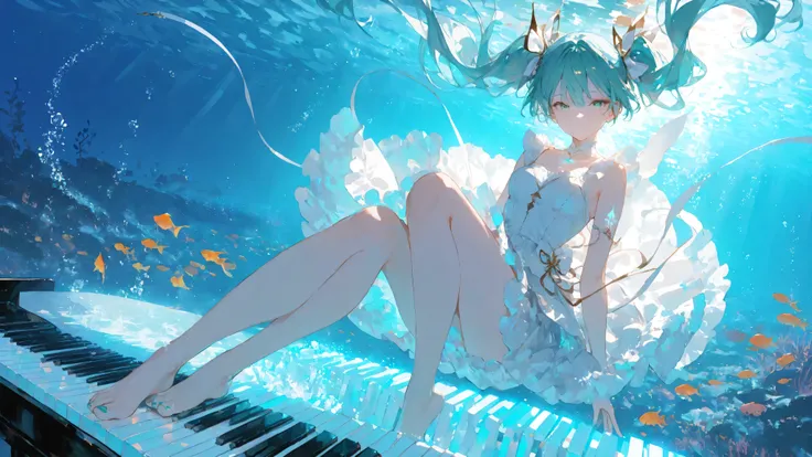 masterpiece, smooth shading, cinematic lighting, clear linework, sharp edges, detailed outlines, (high detail:1.1) ima_AI123Style /k.s†
Wide mid-shot, Hatsune Miku gracefully stepping on giant piano keys underwater in a dynamic side view with foreshortenin...