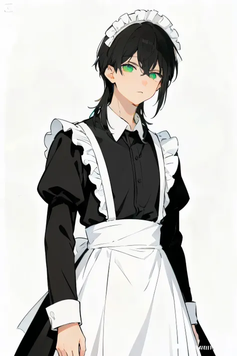 thin line illustration, anime style, A man about 20 years old with dark hair, The young man with lowered bangs, is wearing maid clothes, pictures standing in the prairie, dissatisfied expression , Pale green eyes , light green eyes , without background
