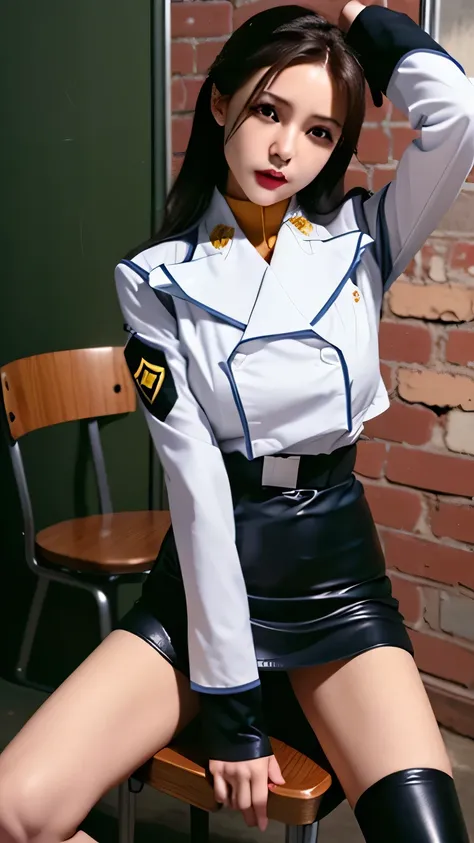 Private room with dark brick wall，standing in the teacher's house，hands raised up and restrained with chains，Both legs are opened and restrained with chains，I'm being held in a torture room，I'm chaining my hands，A beautiful woman with big breasts and a thi...