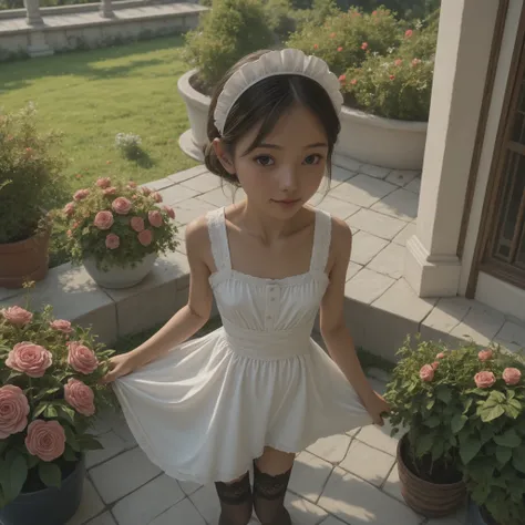 one girl、maids,Look at the audience,(skinny:1.33),(younger:0.67),from above,slouches forward,Watering flowers outside the mansion,japanese,(Smile Yang:0.47),black lace stockings