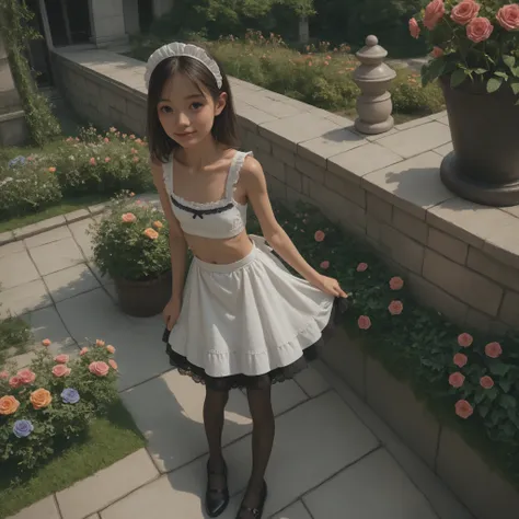one girl、maids,Look at the audience,(skinny:1.33),(younger:0.67),from above,slouches forward,Watering flowers outside the mansion,japanese,(Smile Yang:0.47),black lace stockings