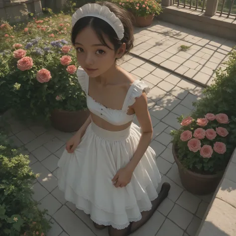 one girl、maids,Look at the audience,(skinny:1.33),(younger:0.67),from above,slouches forward,Watering flowers outside the mansion,japanese,(Smile Yang:0.47),black lace stockings