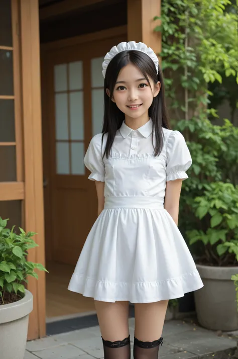 (1 cute young girl)、maids,Look at the audience,(skinny:1.5),(younger:1.5),(toddler wearing top_body:1.5),(braids:0.3),(Bang Hair:0.3),(twin tails:0.3),(ponytail:0.3),(long hair:0.3),(big boobs:0.92),に付けたblack lace stockings,slouches forward,japanese,(smile...