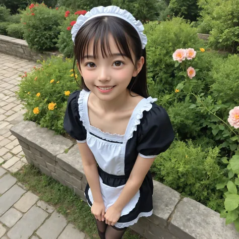 (Biological Corpse Factory)、maids,Look at the audience,(skinny:1.19),(younger:1.33),from above,(medium chest:0.76),に付けたblack lace stockings,slouches forward,japanese,(Smile Yang:0.87),black lace stockings