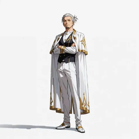 (male), (old man, goatee), (slim body), (grey hair), (neatly styled medium hairstyle), (brown eyes), (calm expression), (arms crossed), (solo), (single character), (full body version), (white background), (no background), (highly detailed), (shadow), (stan...