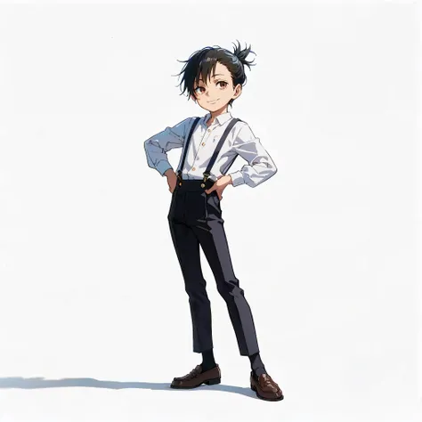 (male), (child boy), (slim body), (black hair), (short tidy hairstyle), (brown eyes), (smiling expression), (solo), (single character), (full body version), (white background), (no background), (highly detailed), (shadow), (standing pose), (natural light),...