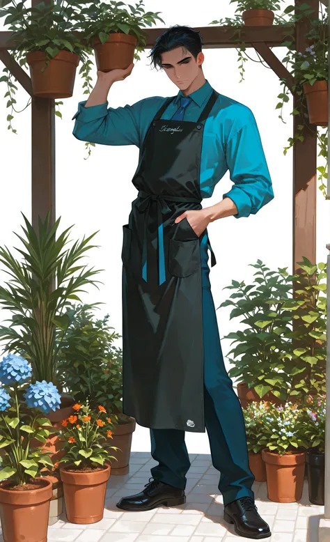 1 male, handsome, lying, messy Black hair, 1 man, dark hair, male full body, handsome man, thickly painted, perfect Eyes, Masterpiece, best quality, absurdres, amazing quality, {{{full body}}}, standing illustration, florist, wearing a florist's apron, lon...