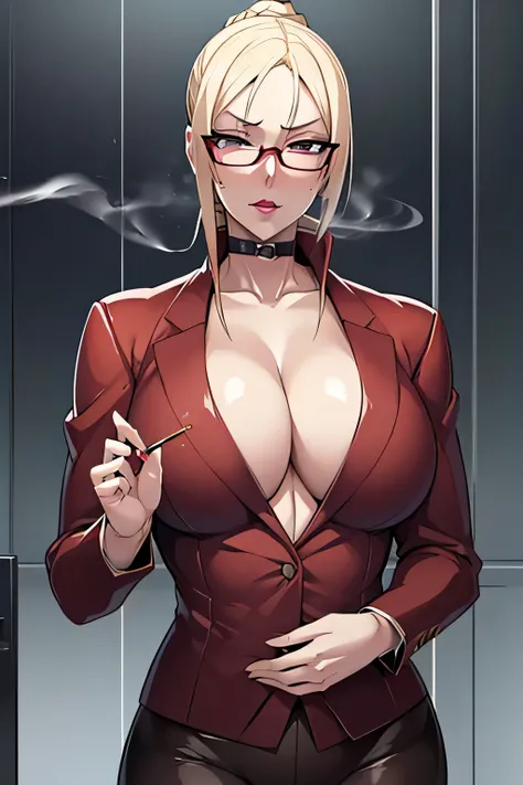 anime style, elite American female detective, 42 years old, tall with large bust, faded platinum blonde hair tied back, sharp suspicious eyes, wearing glasses with strong rouge lipstick, smoking a cigarette, sharp red expensive suit, tense and neurotic atm...