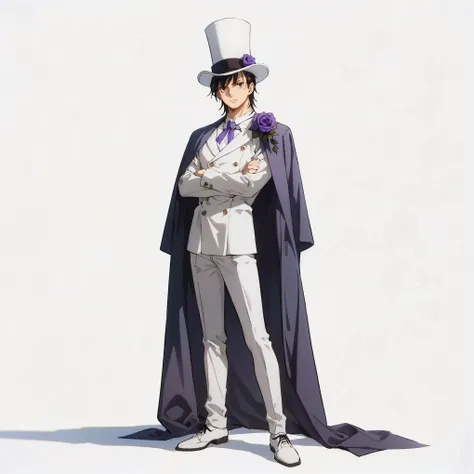 (male), (adult man), (slim body), (black hair), (neatly styled medium hairstyle), (brown eyes), (confident expression), (arms crossed), (solo), (single character), (full body version), (white background), (no background), (highly detailed), (shadow), (stan...