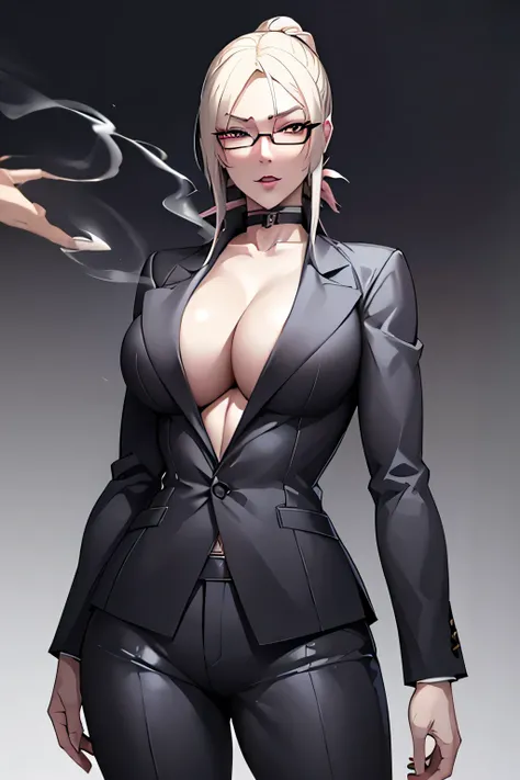 anime style, elite American female detective, 42 years old, tall with large bust, faded platinum blonde hair tied back, sharp suspicious eyes, wearing glasses with strong rouge lipstick, smoking a cigarette, sharp gray expensive pants suit, tense and neuro...