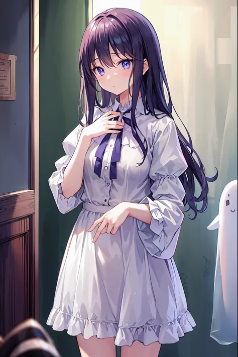 Haunted Castle、Late Night、The girl who lost her way、Smartphone in hand、Smartphone light、Lightning echoes、girl wet in the rain、big mansion like a castle、 Ghosts、dimly lit room、State of Ruins、Only ghost eyes light up、Seimitsu、4K resolution、High Quality、Super...